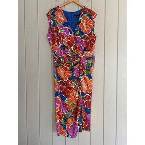 NWT Maggy London Dress 14 Nevein Sleeveless Midi Floral Royal Blue/Chili